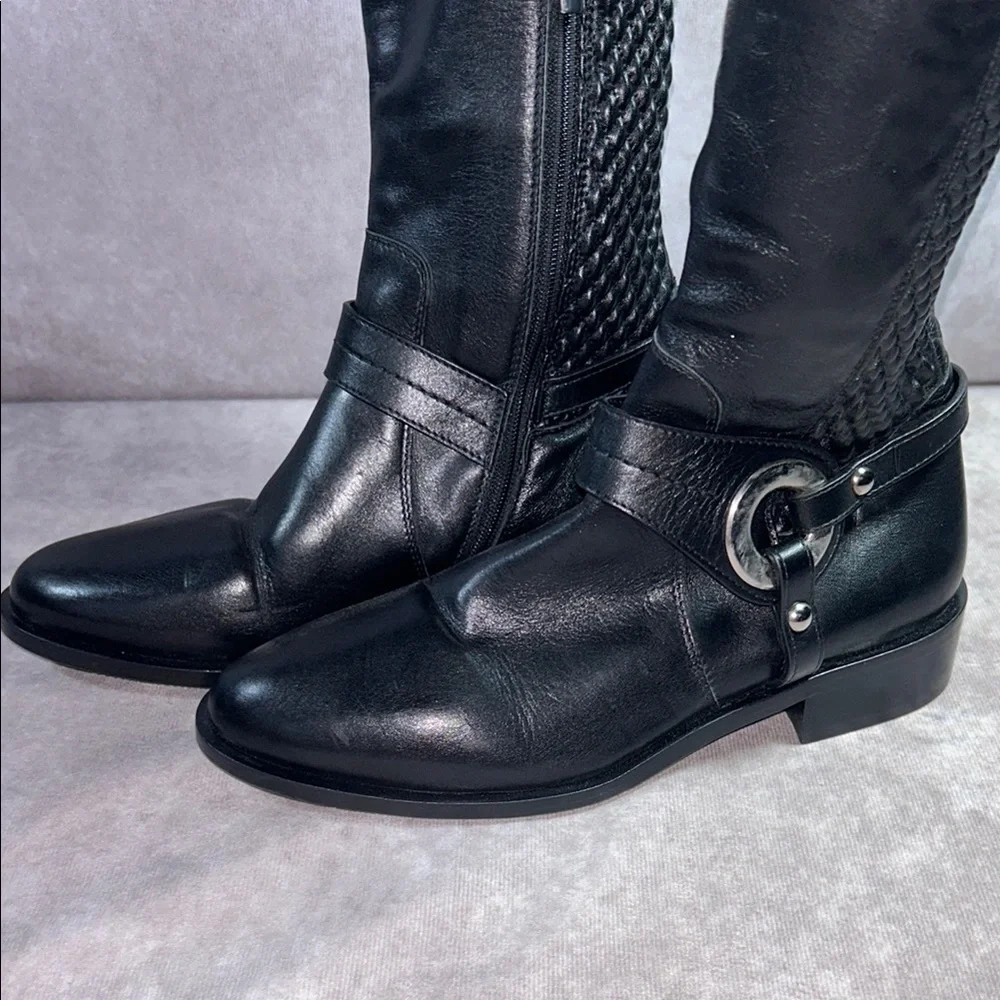 Ron White EUC Women Black Leather Knee-High Boots Sz EU 36 Quilted Cushioned